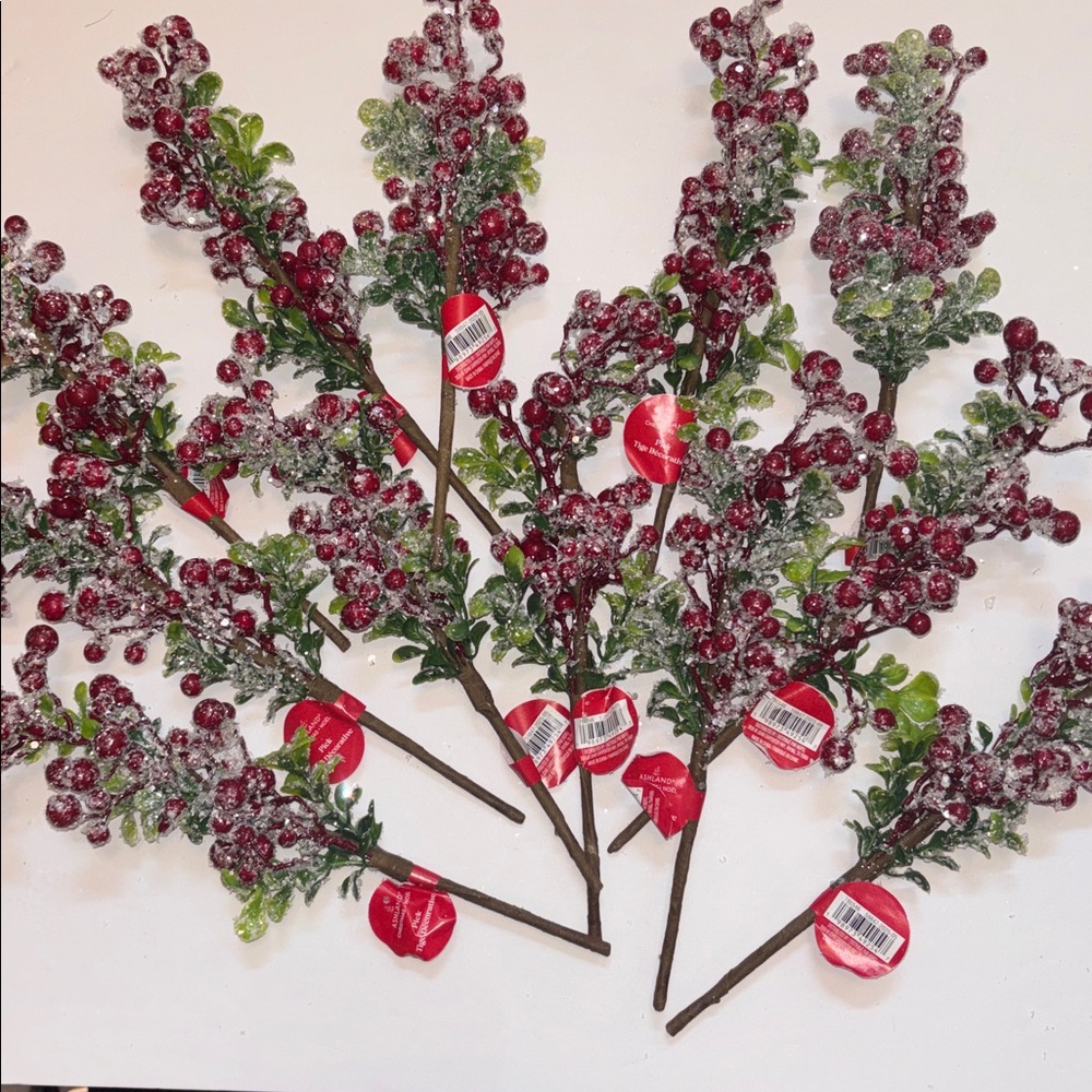 Snow Frosted Red Berry Stems Glitter Red Berries Eucalyptus Picks Set of 12 NWT - Picture 2 of 16